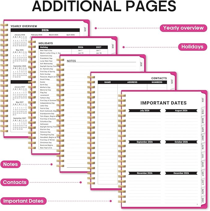 2026 Planner, Weekly and Monthly Calender Planner, Jan 2026 to Dec 2026, Hardcover 2026 Calendar Book with Tabs & Inner Pocket, Office Home School Supplies for Women & Men - A4 (8.5" x 11"), Fuchsia Pink