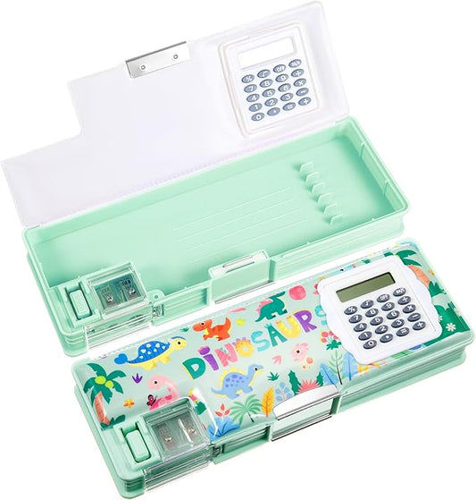 Henoyso Multifunctional Pencil Box for Boys Dinosaur Pencil Case with Calculator and Sharpener Cool Cute Pencilcase School Supplies Essentials Christmas Birthday Gift Present for Kids Teens