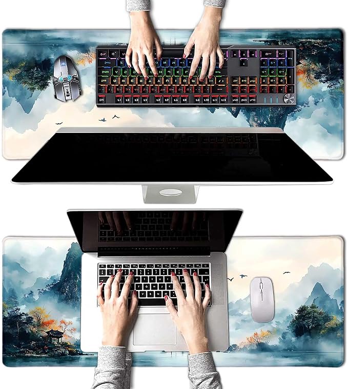 Japanese Mountain Landscape Painting Large Mouse Pad, Desk Mat Computer Keyboard Pad Non-Slip Rubber Base Waterproof with Stitched Edges for Laptop Gaming, Office & Home 31.5 x 11.8 Inch