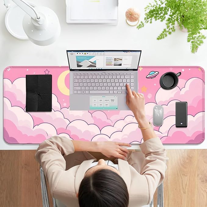 Minimalist Pink Gradient Clouds XL Large Desk Mat, Extended Long Star and Moon Desk Pad for Gaming and Office, Non-Slip Rubber Base, Comfortable Surface Sky Mouse Pad, 31.5x11.8 in
