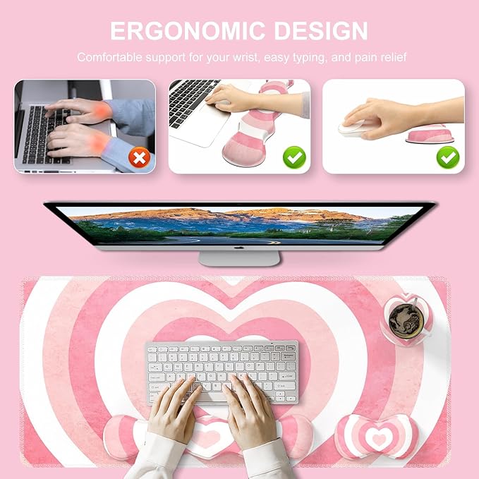 iLeadon Keyboard Mouse Pad Set, Large Gaming Mouse Pad + Keyboard Wrist Rest + Mouse Pad with Wrist Support + Coaster, Easy Typing Pain Relief, Desk Mat Set, Valentines Day present for Her, Pink Heart