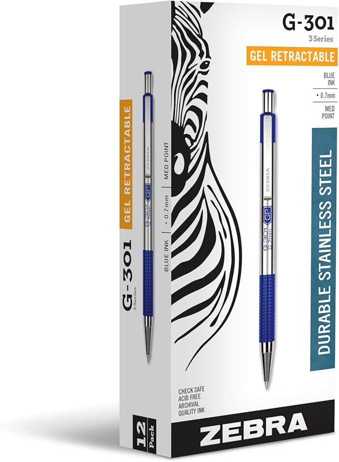 Zebra Pen G-301 Retractable Gel Pen, 0.7mm Medium Point, Stainless Steel Barrel, Textured Grip, Easy Glide Ink Provides a Smooth and Skipless Writing Experience, Blue Ink, 12-Pack (41320)