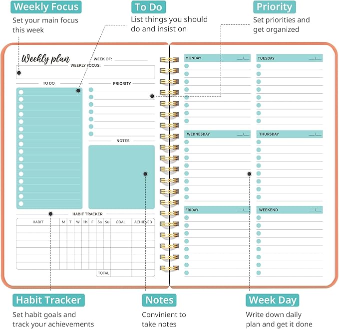 Undated Weekly Planner, Weekly To Do List Notebook with Goal & Habit Tracker Organizer, A5 Weekly Planner Notebook with Spiral Binding, 6.1" x 8.2" - Coral
