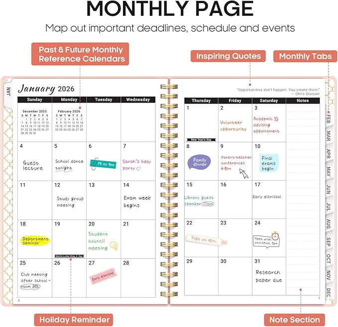 2026 Planner, Weekly and Monthly Calendar Planner, January 2026 - December 2026, Hardcover 2026 Calendar Book with Tabs For Women & Men, Inner Pocket, Spiral Bound, Perfect for Office Home School Supplies - A4 (8.5" x 11"), Pink
