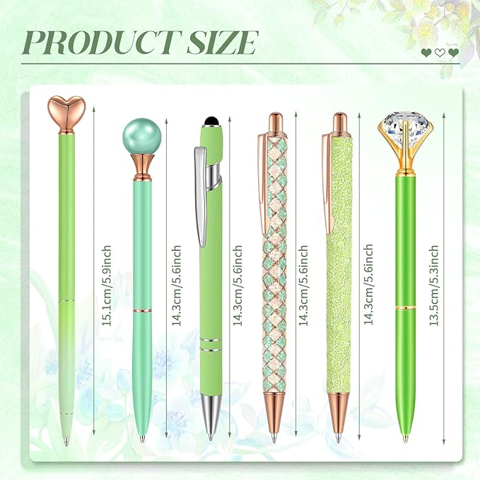 6 Pcs Ballpoint Pens Set Metal Crystal Diamond Pen for Journaling Glitter Pretty Cute Stationery Black Ink Fancy Gifts for Women Girls Teacher Office Wedding School Supplies(Green Series)