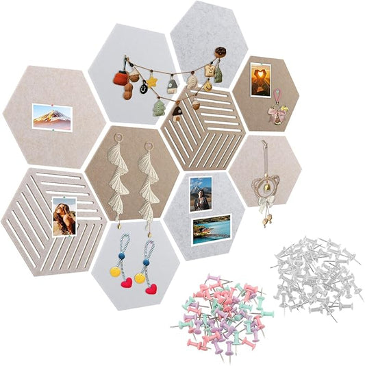 10Pack Hexagon Cork Boards for Walls Decor,Felt Board Tiles with 100 Push Pins,Felt Bulletin Board Tiles for Office & Home for Notes Photos and DIY Classroom Decor
