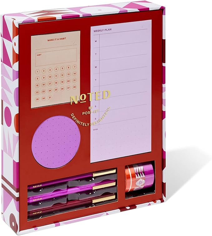 Noted by Post-it Printed Notes Gift Box, 5 Piece Set, Warm Colors, Includes Round Sticky Notes, Habit Tracker Sticky Notes, Weekly Sticky Notes, 3-Pack Pens, 3-Pack Washi Tape (NTD-Box-LRD)