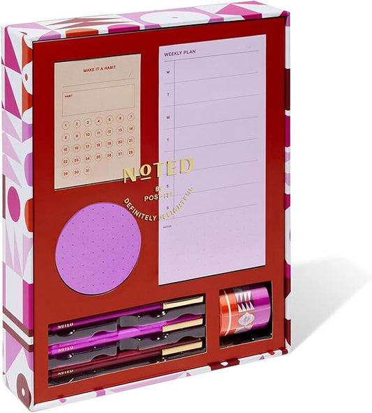 Noted by Post-it Printed Notes Gift Box, 5 Piece Set, Warm Colors, Includes Round Sticky Notes, Habit Tracker Sticky Notes, Weekly Sticky Notes, 3-Pack Pens, 3-Pack Washi Tape (NTD-Box-LRD)