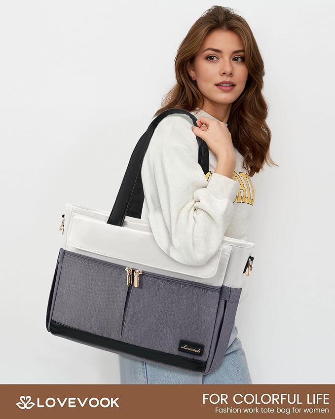 LOVEVOOK Upgrade Version Work Bags for Women 15.6 Inch Laptop Bag Large Capacity Mutiple Pockets Teacher Bag Water Resistant Canvas Tote Bag Purse for Office Travel College Nurse Teacher, Gray Beige
