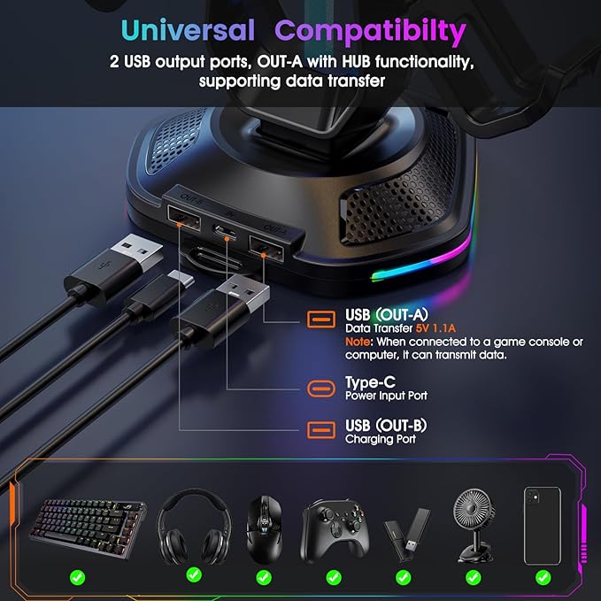 Luckit Gaming Headphones Stand, RGB Headset Stand with 12 Light Modes, Controller Holder with 2 USB Charging Ports - Supports Data Transfer, Earphone Hanger Accessories for Desktop Gamer