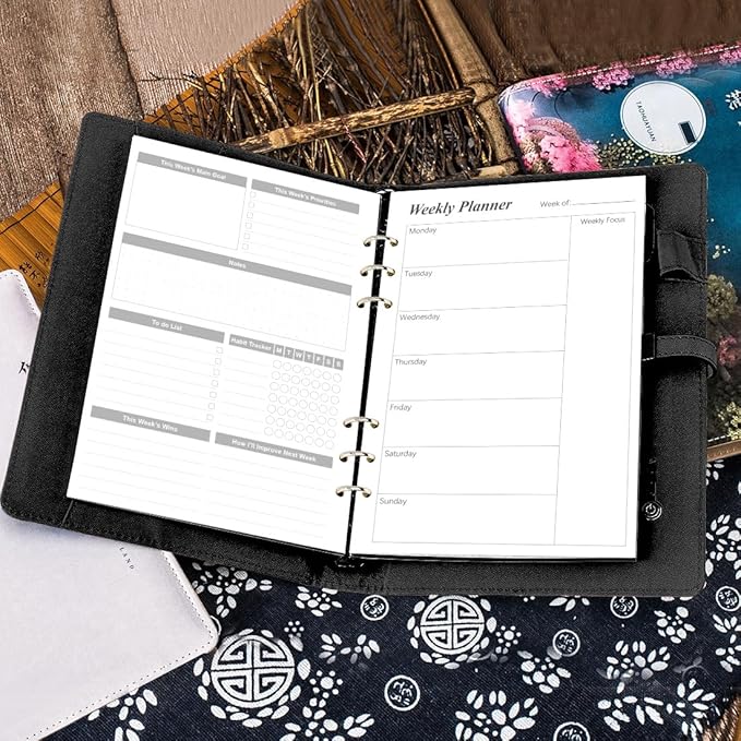 (2-Pack) Weekly Planner Refills for A5 Binders - 106 Sheets/212 Pages Undated Weekly Planner, 6-Hole Punched, 100 gsm White Paper, Lasts 1 Year, Undated, 5.8" x 8.3", Black