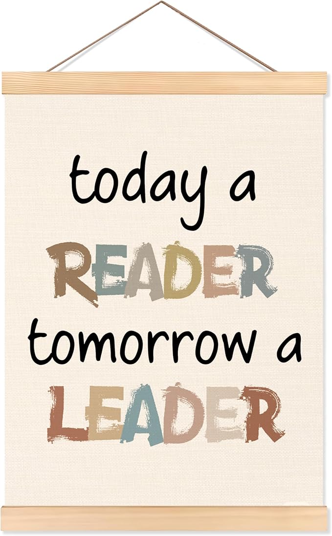 ROXMART Boho Classroom Reading Poster Hanger Frame, Reading Corner Nook Room Wall Decor, Today a Reader Tomorrow a Leader Wall Art Prints Decor for Kids Room Library Classroom, 12x16 Inch