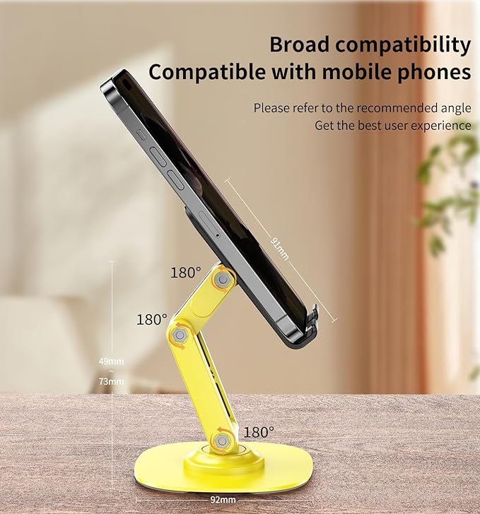 360° Degree Rotating Mobile Phone Holder,Fully Adjustable Foldable Desktop Phone Holder Stand Base,Foldable Desktop Cell Phone Stands for iPhone17 16 15 Pro Xr Xs Max X Plus iPad Samsung(K69-Yellow)