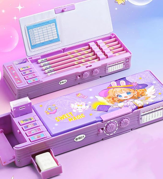 Pop up Multifunction Pencil case for Kids kawaii Pencil Case Pencil Holder for School Students supplies for girls Cute Pencil box for Girls with Sharpener Password Lock Schedule Whiteboard (purple)