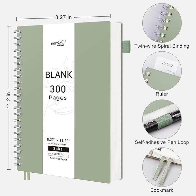 RETTACY Blank Journal Notebook, 300 Pages, A4 Large Size (8.2'' x 11.2''), 120 GSM Thick Paper, Flexible Plastic Cover, Spiral-bound, for Sketching, Drawing, Painting (Light Green)