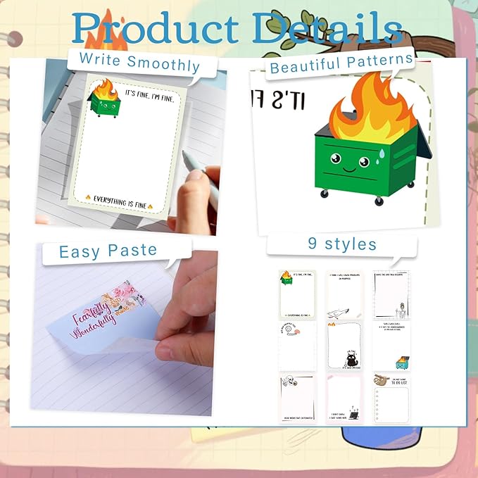 Funny Sticky Notes Gifts - 9 Pack Fun Everything is Fine Memo Pads Work Gifts for Work 3x4 Inch, Sarcastic Self-Stick Notepads Office Study Supplies for Coworkers (450 Sheets)