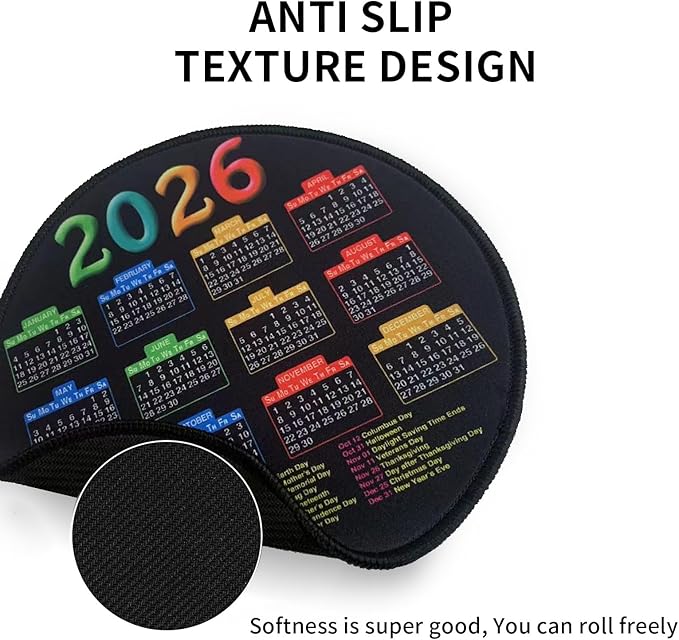 Mouse Pad with Stitched Edge, Black Mousepad, 2026 Calendar Pad, Computer Mouse Mat with Non-Slip Rubber Base (Round)