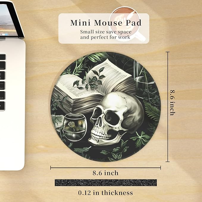 Funny Goth Skull Mouse Pad for Desk, Gothic Book Plant Small Mousepad with Non-Slip Base, Round Mouse Pads for Laptop Gaming, Computer Mouse Mat for Office Decor Accessories Supplies