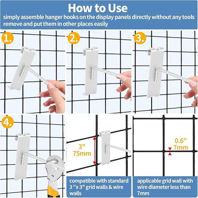 20Pcs Gridwall Hooks, Metal Grid Panel Hanging Peg Hooks, Grid Wall Accessory for Clothes Storage, Home Organization, Retail Display (White, 8"/20Cm)