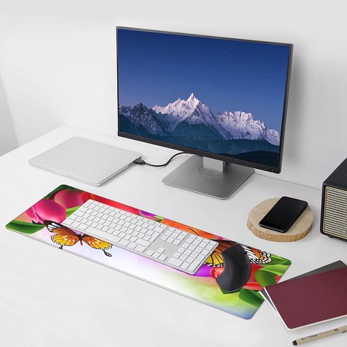 Tulip Flowers and Butterfly Large Mouse Pad with Stitched Edges Long Non-Slip Rubber Base Mousepad Laptop Keyboard Mat Desk Pad for Office Home Desk Decor, 31.5" X 11.8"