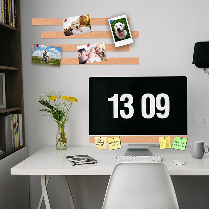 4 Pack Small Bulletin Strip Cork Strip Cork Board Tiles Bulletin Bar Strips for Walls, Adhesive Pin Board for Classroom Memo Office Home Kitchen School Desk, 14"x1"-10mm Thick