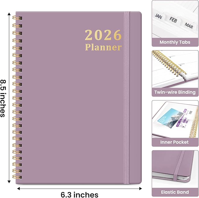 2026 Planner, Weekly and Monthly Calendar Planner, January 2026 - December 2026, Hardcover 2026 Calendar Book with Tabs For Women & Men, Inner Pocket, Spiral Bound, Perfect for Office Home School Supplies - A5 (6.3" x 8.5"), Boho Purple