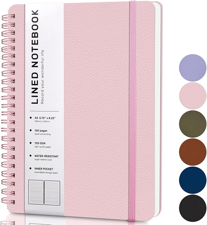 Lined Spiral Journal Notebook, A5 Hardcover Leather Notebook for Work, 5.7''×8.2'', 100GSM Thick Paper Spiral Bound Journaling Notebooks for Women & Men Office School Note Taking Business, Pink