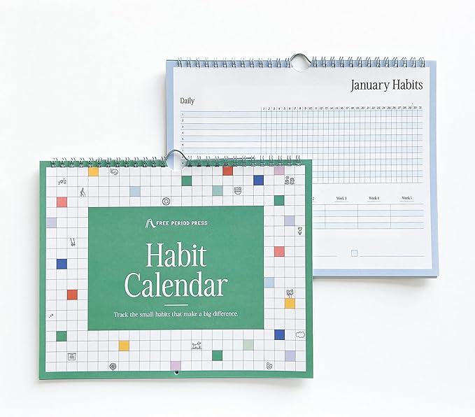 Free Period Press Habit Tracker Calendar & To Do List Planner, Spiral Bound Habit Tracker with Writable Goals, 12 Months Undated, 8"x10”