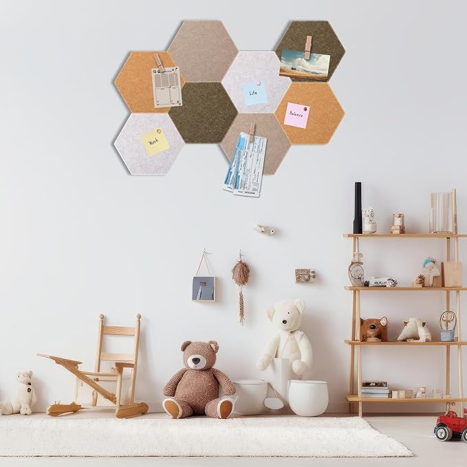 8 Pcs 12" Large Hexagon Felt Cork Board Tiles Self Adhesive DIY Bulletin Board Pin for Office Home Wall Decor Stickers Memos Photos Display with 10 Multi-Color Clip Drawing Pins (Burlywood)