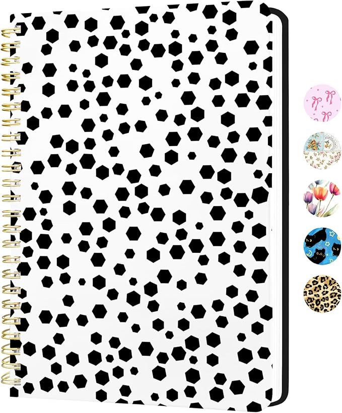 Stanoha Cute Spiral Notebook A5 Journal for Women Girls Kawaii Aesthetic Pretty Floral Design with Pocket, 8.5 x 5.7 inch, Line, Polka Dots