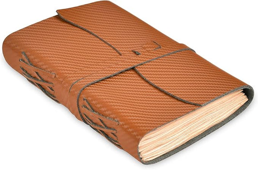 LEATHER VILLAGE Carbon Fiber Genuine Leather Bound Journal - 7'' x 5'', 220 Pages - Vintage Blank Paper Diary for Writing, Drawing, Sketchbook, and Travel Notebook - Ideal for Women and Men- Tan