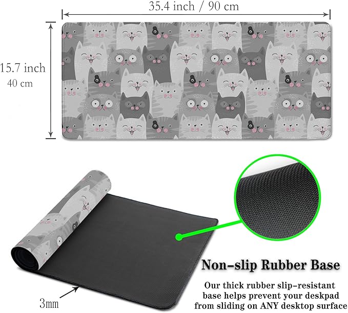 Keyboard Mouse Pad Funny Gray Cats, Large Mousepads Computer Desk Mat, XXL Gaming Mouse Pad Non-Slip Rubber Base Waterproof with Stitched Edges, 35.4 X 15.7 inch for Work/Game/Office/Home