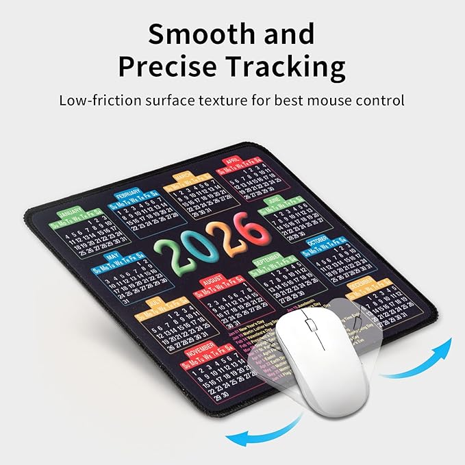 Mouse Pad with Stitched Edge, Computer Mouse Mat with Non-Slip Rubber Base, 2026 Calendar Mousepad