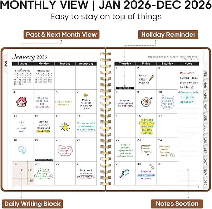 2026 Planner, Weekly and Monthly Calendar Planner Book, January 2026 - December 2026, Hardcover Spiral Planner with Monthly Tabs, Notes Pages, Perfect for Women & Men, A5 (6.4" x 8.5") - Brown