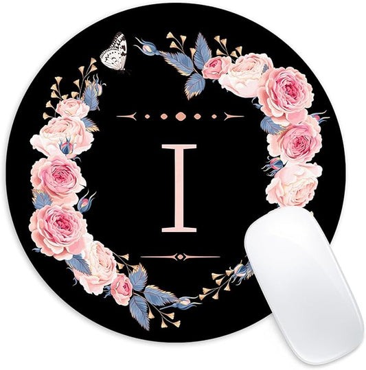 Letter I Black and Pink Flowers Round Mouse Pad, Funny Small Mouse Mat with Non-Slip Rubber Base, Home Office Decor Desk Accessory, 8.7inch Round