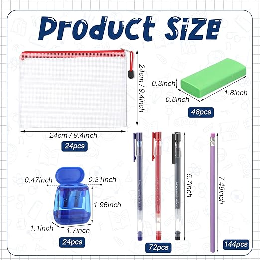 312 Pcs/24 Set Back to School Supplies Kit, Mesh Zipper Pouch Bags with Pencils, Erasers, Sharpeners, Pens – Bulk School Supplies for Classroom & Office Use
