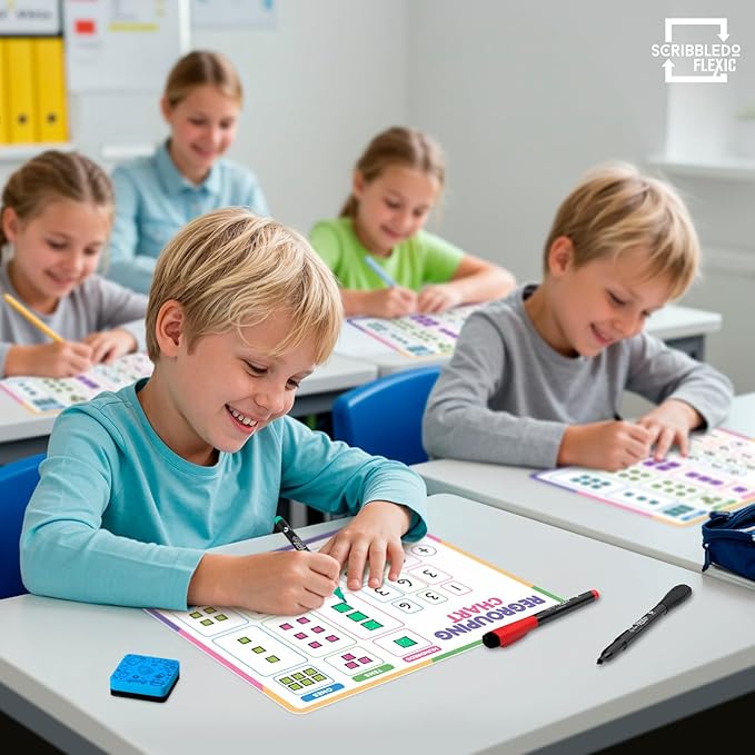 Scribbledo Place Value Chart & Regrouping Dry Erase Sheets Base Ten, Addition & Subtraction Math Practice for Kids, Classroom Supplies, Double Sided 10 Pack