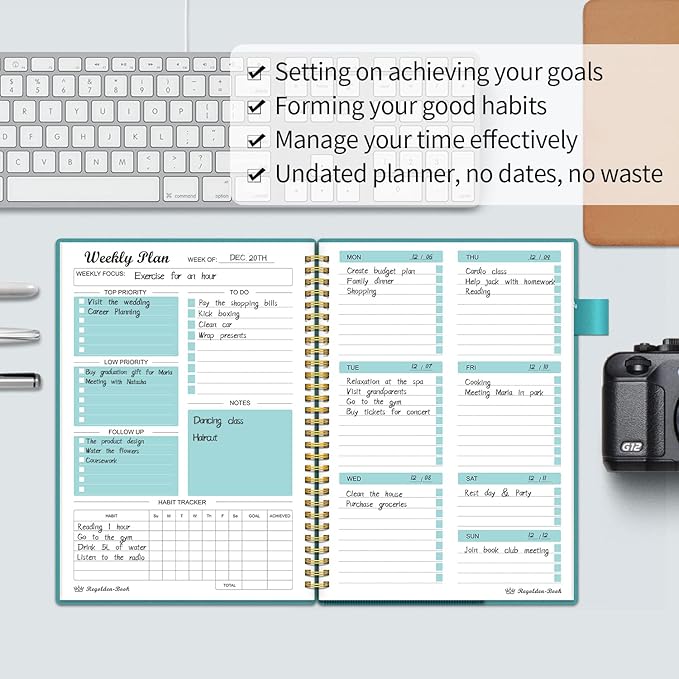 Weekly Planner Undated, Weekly Goals Schedule Planner Regolden-Book To Do List Notebook Calendars Organizers Habit Tracker Journal for Man & Women, Spiral Binding, Pocket, Pen Loop, 53 Weeks (7x10")