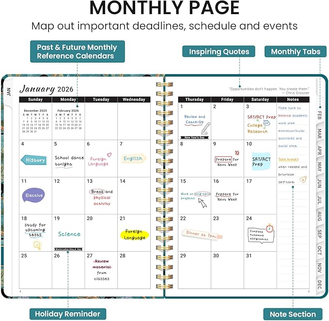 2026 Planner, Aesthetic Weekly and Monthly Planner for Women, Jan 2026 to Dec 2026, Hardcover 2026 Calendar Book with Monthly Tabs, Inner Pocket, Perfect for Office Home School - A5 (6.3" x 8.5"), Cats in Vine
