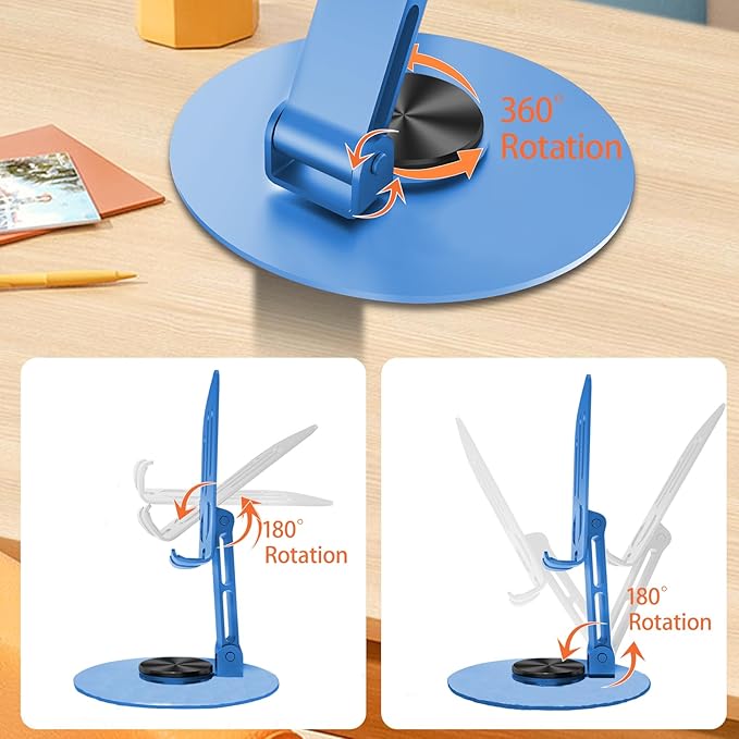 Universal Metal Cell Phone Stand, Multi-Angel Adjustable 360° Rotation Non-Slip Metal Phone Stand Compatible with iPhone 17 16 Pro Max and All Smartphones (Blue)