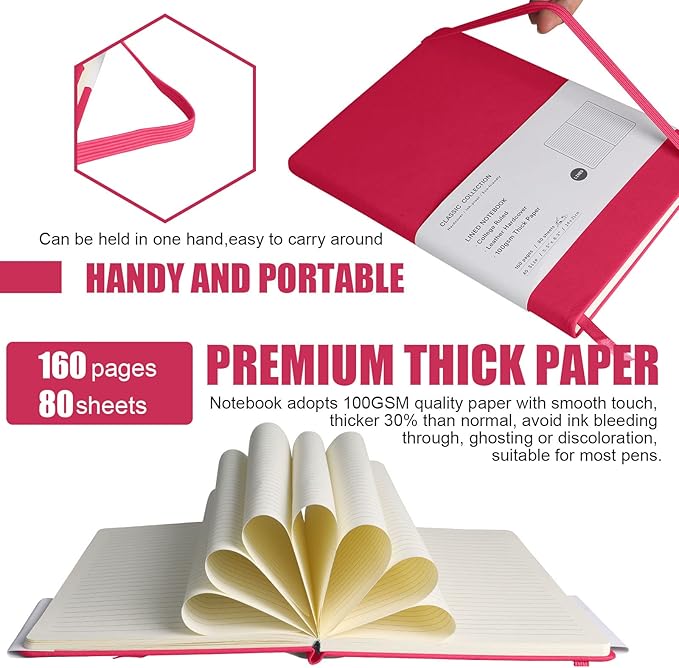 Lined Journal Notebook – Hardcover Notebook for Men & Women – Journals for Writing, Work, School, Home & Daily Notes, 160 Pages – Medium A5, 5.7"x8", 100 gsm Thick Paper (Rose Red)