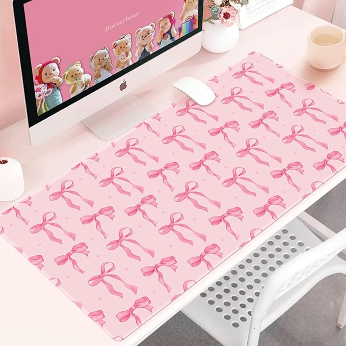 Pink Bows Mouse Pad for Computer Laptop PC, Non-Slip Rubber Base Gaming Mousepad, XL Large 31.5 x 15.7in Full Desk Mat Pink Keyboard Mat Cute Computer Mouse Pad Home Office Decor Accessories