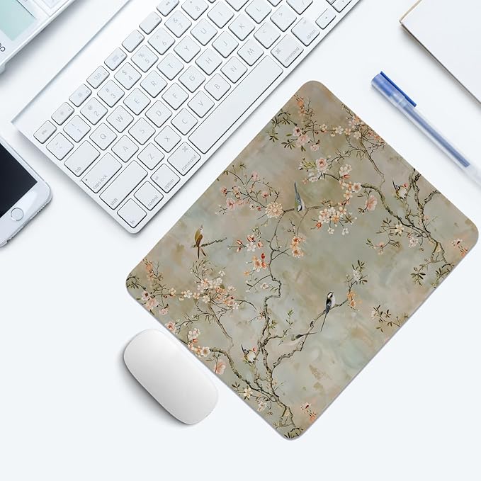 Cherry Blossom Mouse Pad,Chinoiserie Birds and Flowers Desk Mat,Elegant Botanical Mouse Pad,Vintage Floral Girly Desk Mat for Dorm Home Office Decor,10.2x8.3 Inch