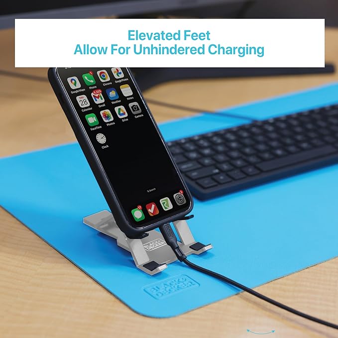 BLACK+DECKER Phone Stand for Desk - Folding Cell Phone Stand Holder - Adjustable and Portable, Folds Down Flat - for Office, Gaming, Bed, Travel - Phone Kickstand Compatible with iPhone