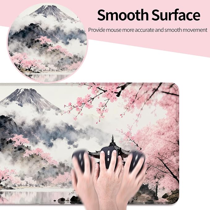 Anime Japan Mount Fuji and Cherry Blossoms XL Large Gray Desk Mat, Extended Long Desk Pad for Gaming and Office, Non-Slip Rubber Base, Comfortable Surface Mouse Pad, 31.5x11.8 in (H17)