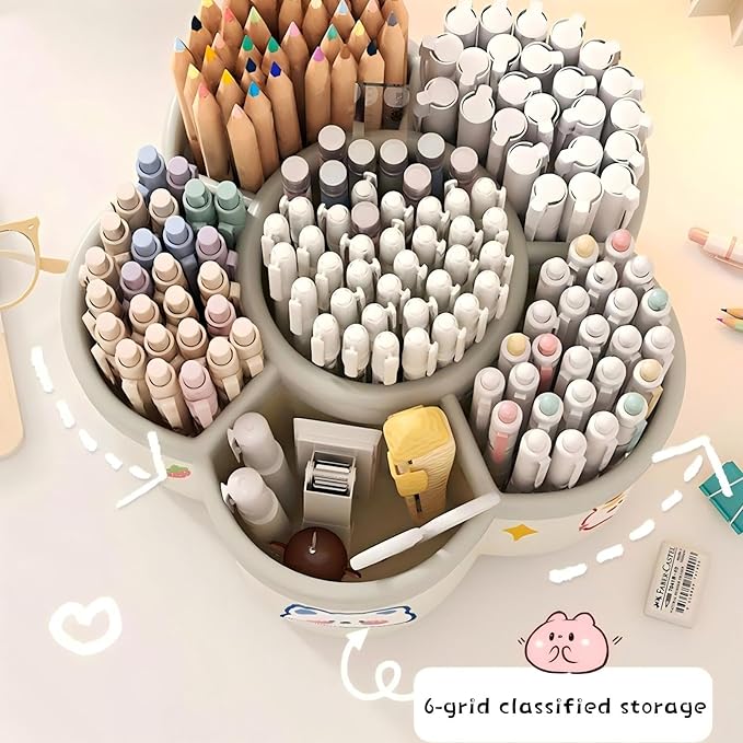 Pen Holder for Desk, 360°Rotating Pencil Pen Holder,Pen Organizer with 6 Slots, Large-capacity Desk Organizer,Office, School, Home Use (Beige)