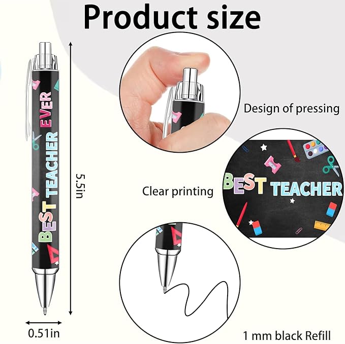 Teacher Appreciation Week Ballpoint Pens Set of 8 – Teacher Theme Pens with Book, Pencil & Classroom Supply Designs and Inspiring Quotes – Smooth Black Ink Pens for Classroom, Office, Thank You Gifts