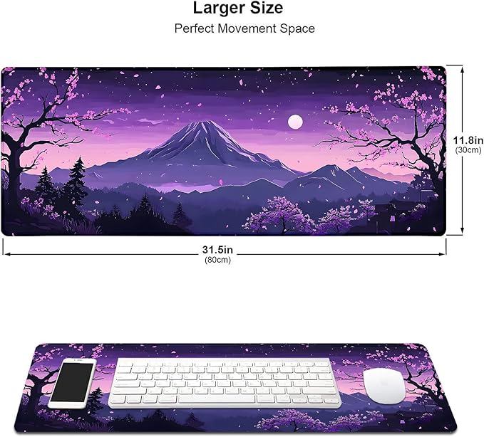 Purple Japanese Mountains Large Mouse Pad, Desk Mat Computer Keyboard Pad Non-Slip Rubber Base Waterproof with Stitched Edges for Laptop Gaming, Office & Home 31.5 x 11.8 Inch (XL-24)