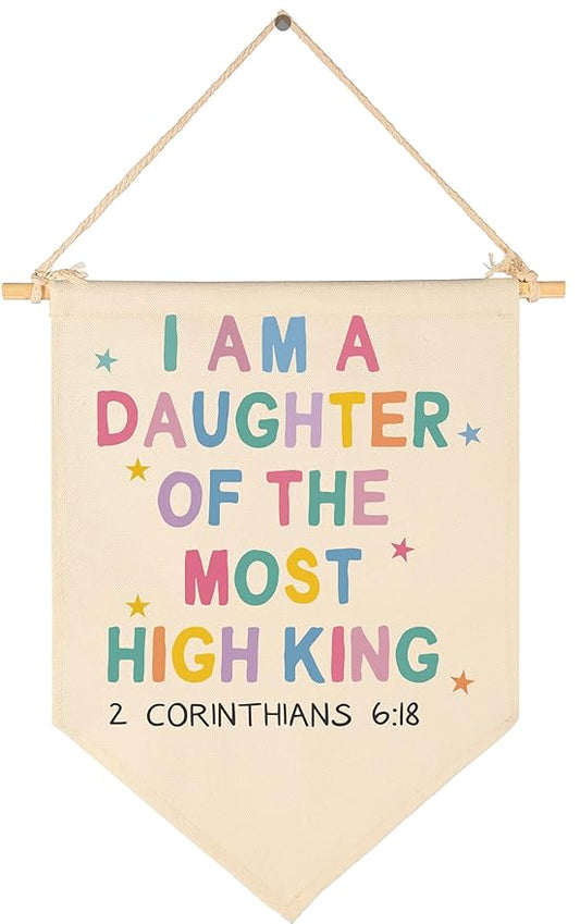 Cute Christian Bible Verse Rainbow Scripture Banner Flag Sign Pennant Poster Wall Decor Gifts for Girls Nursery Playroom Bedroom Reading Room Door-Baby,Shower,Birthday Christmas Gift-I am a Daughter