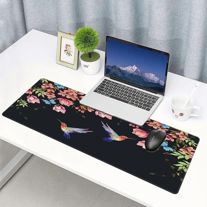 Hummingbirds and Flowers Large Mouse Pad with Stitched Edges Long Non-Slip Rubber Base Mousepad Laptop Keyboard Mat Desk Pad for Office Home Desk Decor, 31.5" X 11.8"
